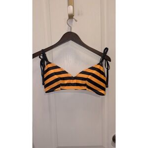 Women Aerie Contrast Striped Tie Shoulder Bikini Top Swim Yellow Navy Large New